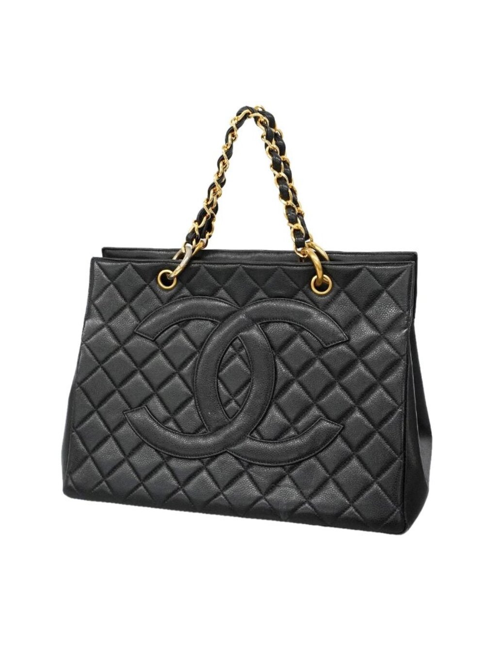 Chanel Chain Tote Bag Quilted Caviar Leather Black Gold